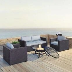 Crosley - Biscayne 5-Piece Wicker Set With 2 Armchairs, 2 Corner Chairs And Fire Pit -Pure Pools Store Biscayne 5 Piece Wicker Set with 2 Armchairs 2 Corner Chairs and Fire Pit 49