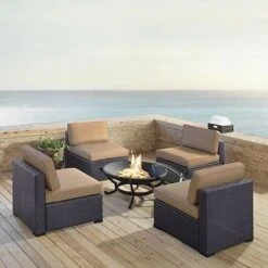 Crosley - Biscayne 5-Piece Wicker Set With 4 Chairs, White Cushions & Firepit -Pure Pools Store Biscayne 5 Piece Wicker Set with 4 Chairs Ashland Firepit 11
