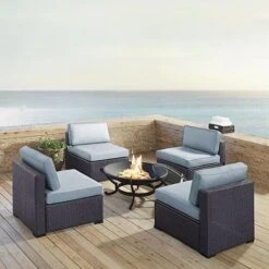 Crosley - Biscayne 5-Piece Wicker Set With 4 Chairs, Mist Cushions & Firepit