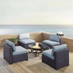 Crosley - Biscayne 5-Piece Wicker Set With 4 Chairs, Mocha Cushions & Firepit -Pure Pools Store Biscayne 5 Piece Wicker Set with 4 Chairs Ashland Firepit 5