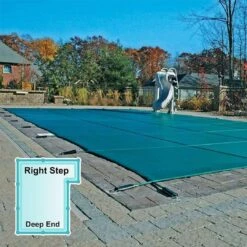GLI - Mesh Safety Cover 18x36 Ft Rectangle With 4x8 Right Step, Green 7 GLI - Mesh Safety Cover 18x36 Ft Rectangle With 4x8 Right Step, Green -Pure Pools Store Original Mesh Rectangle with 4 x 8 Right Side Step Safety Pool Cover Green 3