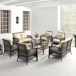 Crosley - Tribeca 8-Piece Outdoor Wicker Conversation Set, Brown -Pure Pools Store Tribeca 8 Piece Outdoor Wicker Conversation Set Brown 12