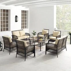 Crosley - Tribeca 8-Piece Outdoor Wicker Conversation Set, Brown -Pure Pools Store Tribeca 8 Piece Outdoor Wicker Conversation Set Brown 2