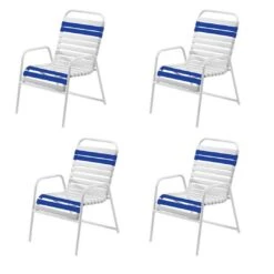 Windward Design Group - Classic Blue/White Vinyl Strap Dining Chair, 4-Pack -Pure Pools Store White Vinyl Strap Dining Chair 4 Pack 2